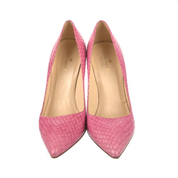 Pointed Toe Kate Spade New York Pink Embossed Leather Snake Pumps - Picture 3 of 5